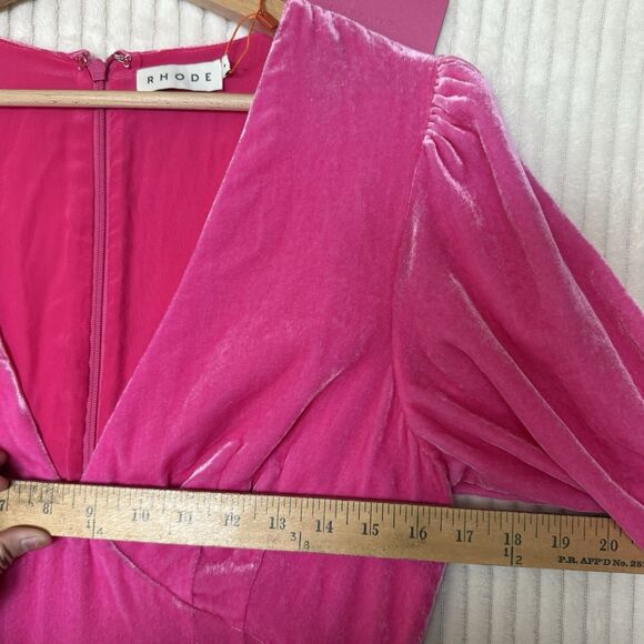 NWT Rhode Pink Ester V-Neck Puff Sleeve Velvet Dress in Jaipur Size 8 $565 - Picture 5 of 16